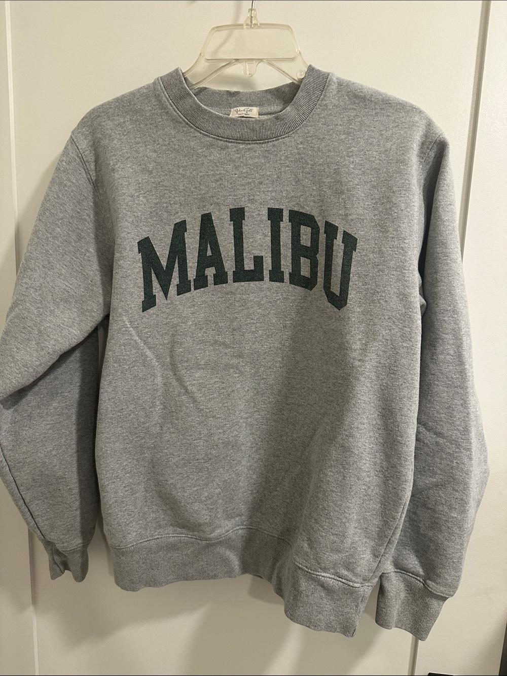 Brandy Melville Gray Crewneck with Dark Green 'MALIBU' Logo
